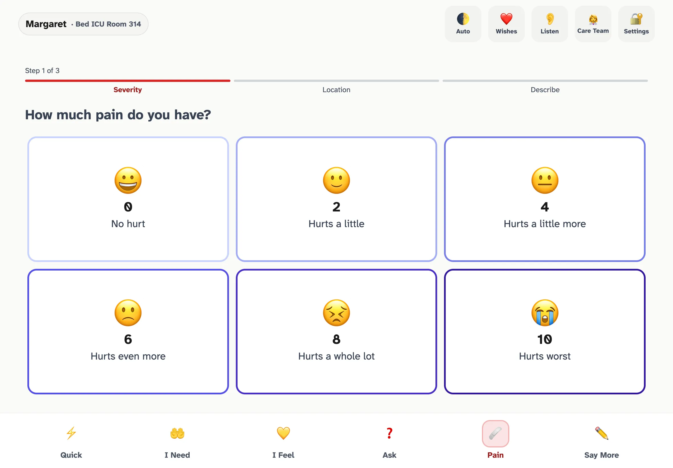 The OwnVoice pain assessment screen showing Step 1 of 3: Severity. Six emoji faces at levels 0, 2, 4, 6, 8, and 10 with labels: No hurt, Hurts a little, Hurts a little more, Hurts even more, Hurts a whole lot, Hurts worst.