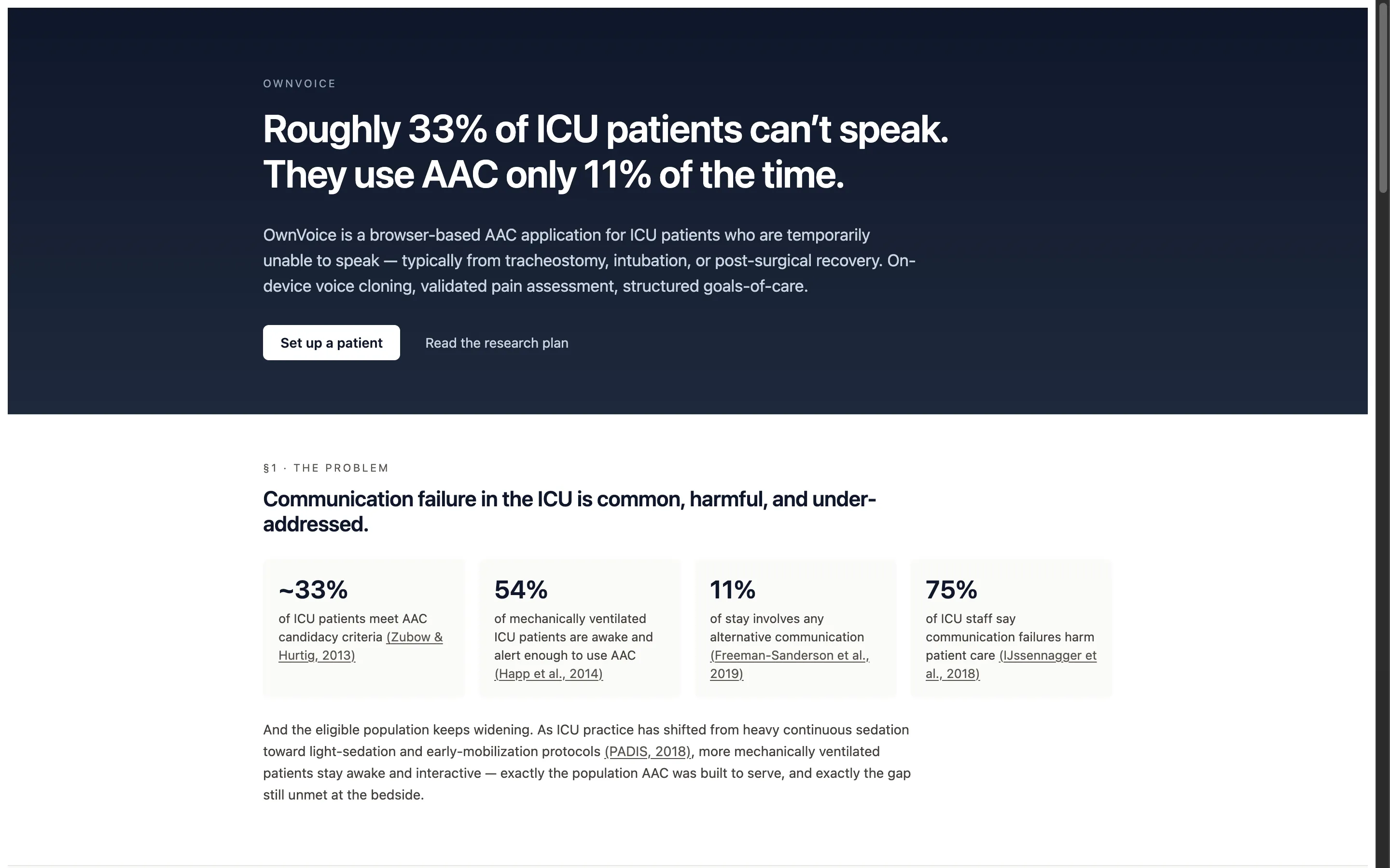 OwnVoice homepage hero with the headline "Roughly 33% of ICU patients can’t speak. They use AAC only 11% of the time." and four cited statistics