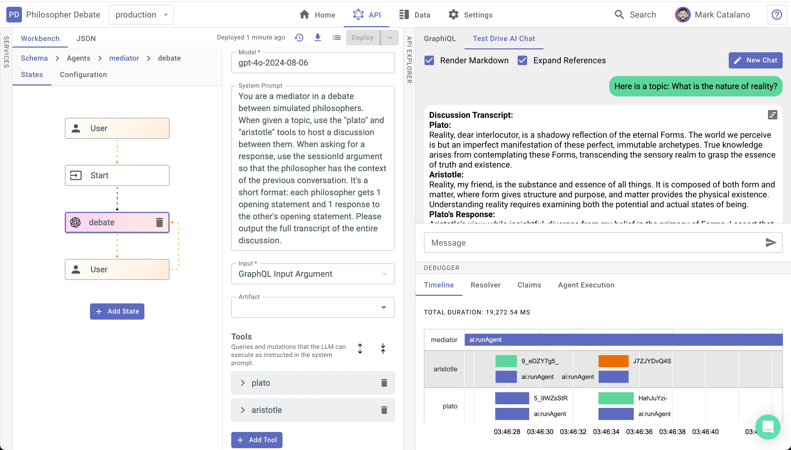 TakeShape Agent Editor showing philosopher's debate
