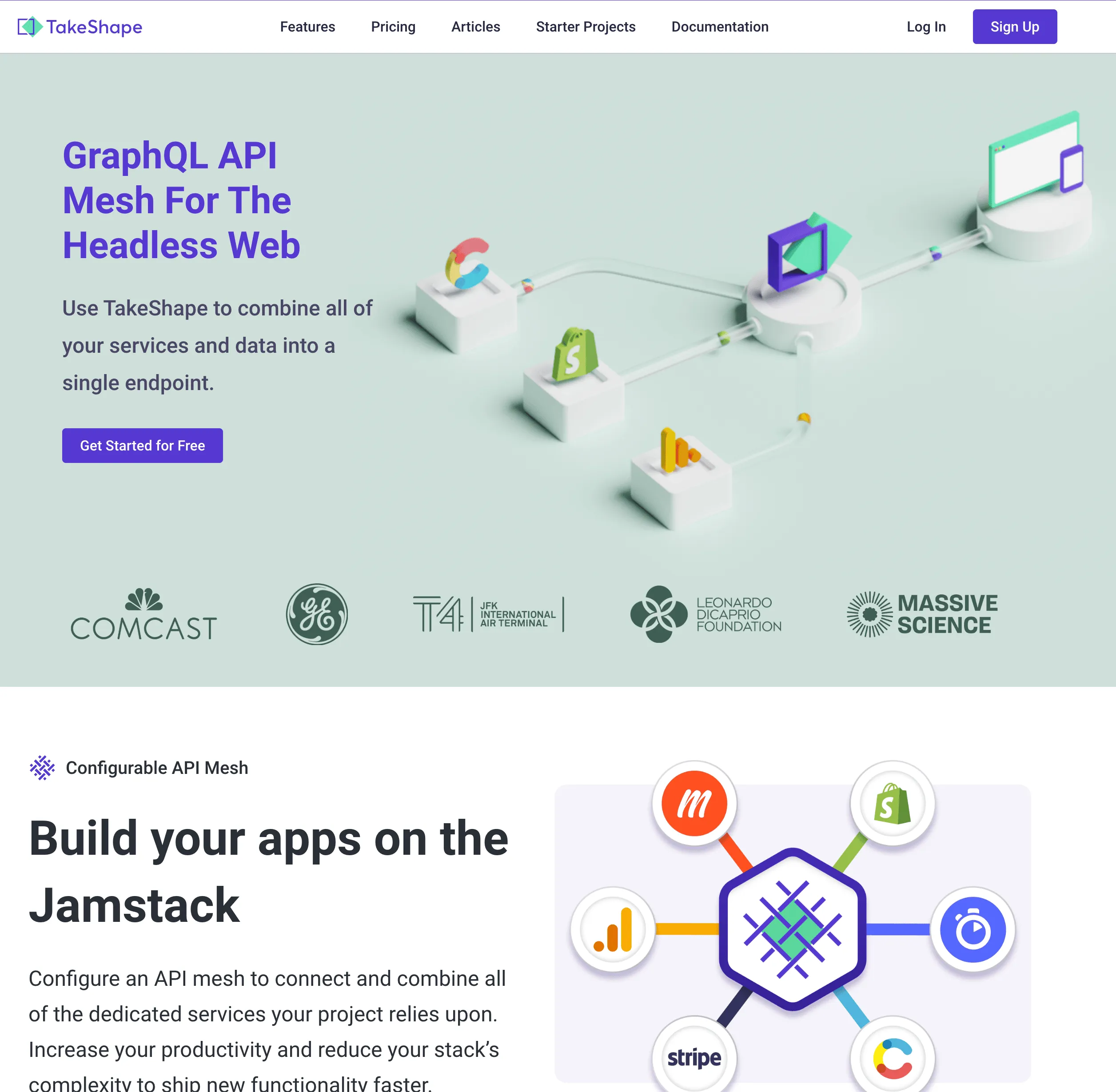 TakeShape homepage highlighting API Mesh