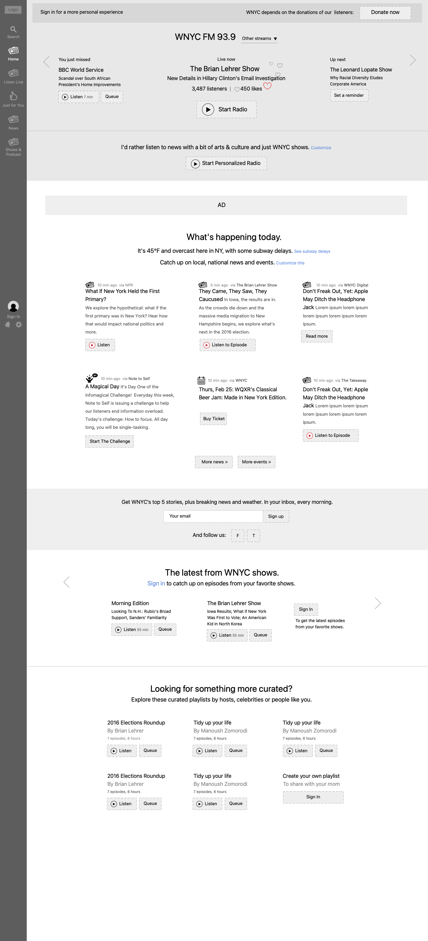 WNYC Homepage wireframe